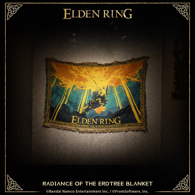 This product is designed based on the visual art of the Golden Tree and the Bloody Wolf from Elden Ring.
As a woven tapestry, it utilizes simplified lines and a highly limited color palette to present the entire scene. The artistic style employs large blocks of golden hues to depict the Golden Tree and the radiance cascading from its branches. Amidst this golden glow and the darkened landscapes of the Lands Between, the silhouette of the Bloody Wolf, charging into battle on horseback, is rendered in pure b